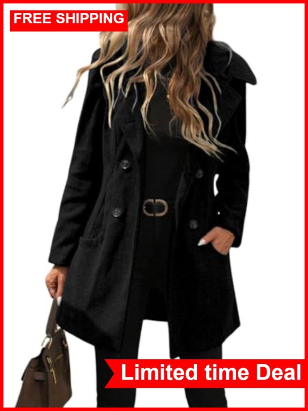 Wool Blend Hooded Double Breasted Pea Coat Notch Collar Trench